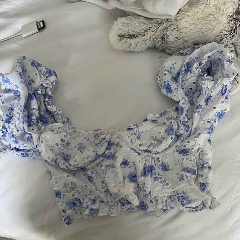Astr Blue and White Ruffled Puff Sleeve Blouse